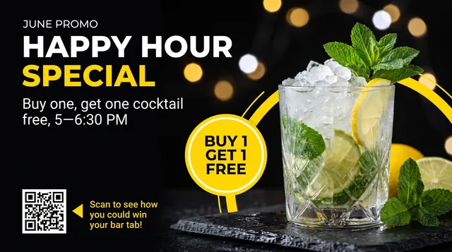 Happy hour digital signage slide for a bar