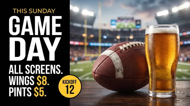 Game day promotional slide for a sports bar
