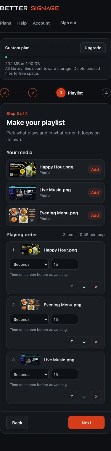 Better Signage customer Playlist step with three sample images, order controls, and fifteen-second durations.